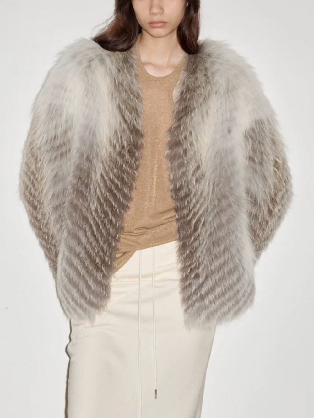 SAGA FOX Genuine Fox Fur Jacket Luxury Gray White Oversized Coat Size M